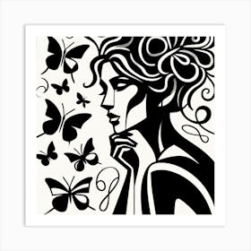 Black and White Female Portrait with Butterflies Art Print