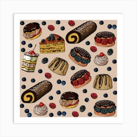 Seamless Pattern With Sweet Cakes Berries Art Print