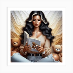 Angel Girl Reading Teddy Bears Art Print