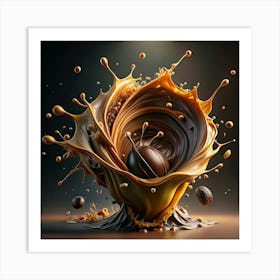 Coffee Bean Surrounded By Splashing Coffee And Caramel Art Print