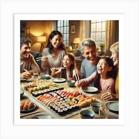 Family Sushi Night Wall Art: A Cozy and Joyful Meal Together for Dining Room or Kitchen Decor Print Art Art Print