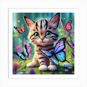Cute Kitten With Butterflies Art Print
