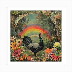 Retro Floral Rooster In The Woods Collage Art Print