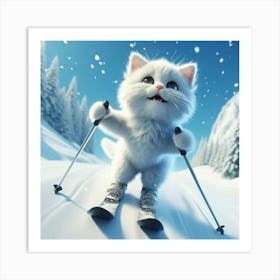 White Cat On Skis Art Print