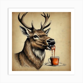 Deer Drinking Tea Art Print