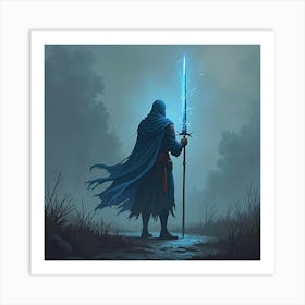 A Warrior Standing In A Battlefield, Sword Glowing Blue 1 Art Print