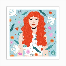 Red Haired Girl With Flowers Art Print