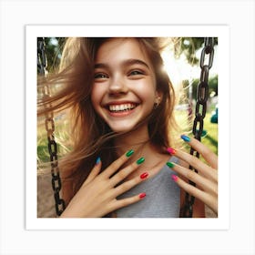 Young Girl With Colorful Nails On Swing Art Print