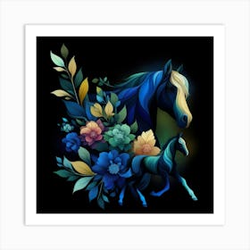 Blue Horse With Flowers Art Print