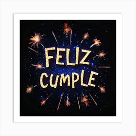 Feliz cumple and Feliz cumpleaños sign means Happy Birthday in Spanish language, Birthday party celebration gift with birthday cake candle colorful balloons best congratulation over light backgroundFeliz Cumple Art Print