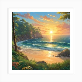 Serene Sunset View on a Secluded Beach With Lush Greenery and Gentle Waves Art Print