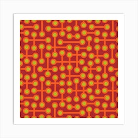 CIRCUITS Retro 1970s Mid Century Abstract Geometric Groovy Polka Dot in Vintage Orange and Citron Green on Burgundy Red Art Print