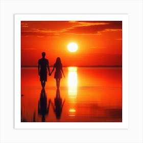 Couple Holding Hands At Sunset Art Print