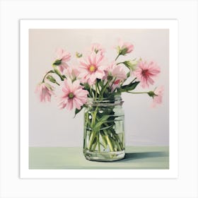 Pink Flowers In A Mason Jar Art Print