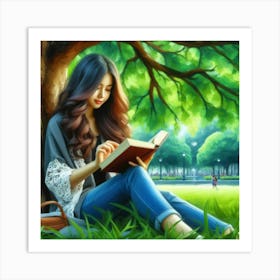 Asian Girl Reading A Book Art Print