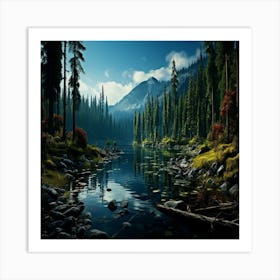 Lake In The Mountains,Majestic mountain peak reflects tranquil autumn beauty in nature Art Print