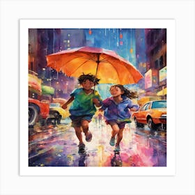 Children In The Rain Art Print