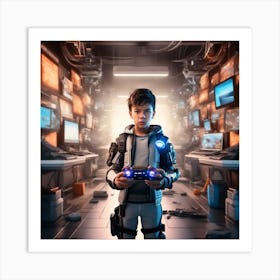 Futuristic Boy Playing Video Game Art Print