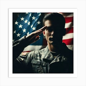 Soldier Saluting American Flag Art Print