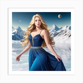 Woman in beautiful blue dress, night sky mountain scene Art Print