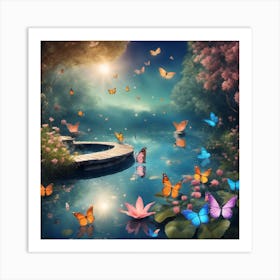 Butterfly Pond With Flowers And Butterflies Art Print