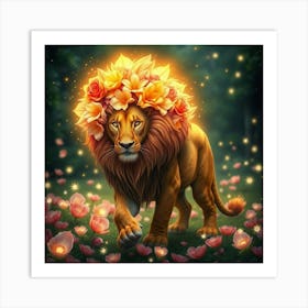 Enchanted Lion With A Glowing Floral Mane, Strolling Through A Lush Garden Of Sparkling Petals 1 Art Print