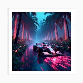 Formula Car Speeding Through A Neon Jungle With Glowing Trees And Bioluminescent Plants 1 Art Print