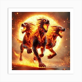 Three Wolves In Flames Art Print