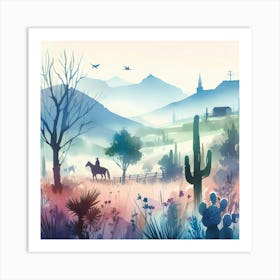 Watercolor Landscape With Horses And Cactus Art Print