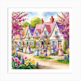 A classic-style watercolor illustration of a village in spring, with happy people, blooming trees and flowers Art Print