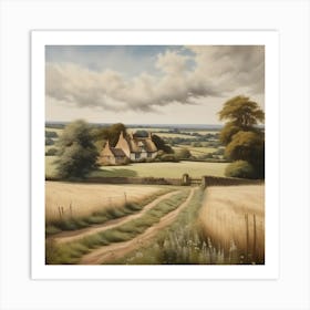 English Farmhouse over fields Art Print