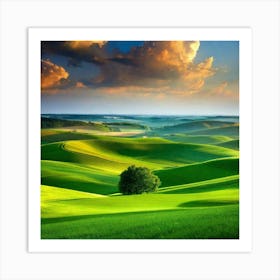 Green Hills With A Tree Art Print