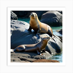 Sea Lions On Rocks Art Print