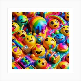 A 3D illustration of colorful emojis, paint splatters, and playful elements. Art Print