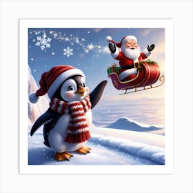 Santa Claus Flying Penguin Art Print