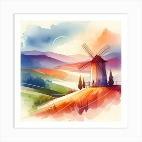 Watercolor Landscape With Windmill Art Print