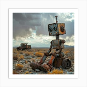 Toy Robot Weathered By Rust Settled Amidst A Desolate Wasteland Scattered With Remnants Of A Bygone Art Print