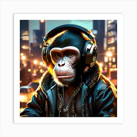 A monkey puts a headphone on his head Art Print