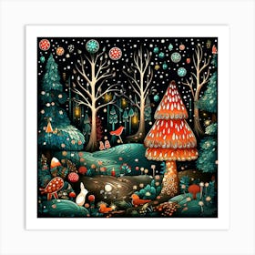 Doodle Fantasy Whimsical Forest Animal Snow Dark Night Winter Art Print