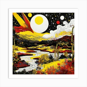 Brunei landscape basking in a surreal hue of yellow, white, black, red, framed by the magic of the cosmos, stardust specks studded across the celestial tapestry Art Print