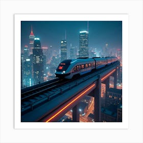 High Tech Train Gliding Above A Neon Lit Futuristic City At Night 1 Art Print