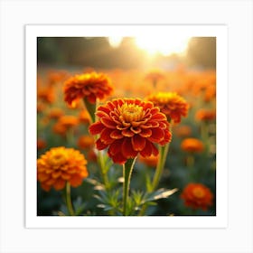 Bright Watercolor Marigolds Glowing In The Sunlight Art Print