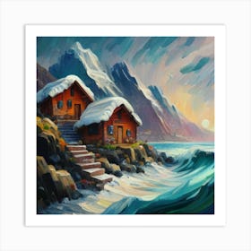 Acrylic and impasto pattern, mountain village, sea waves, log cabin, high definition, detailed geometric 4 Art Print