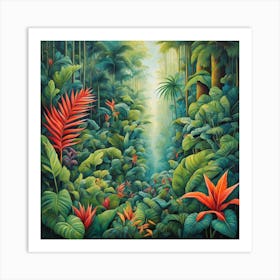 Tropical Jungle , A Tropical Rainforest With Exotic Plants art print Art Print