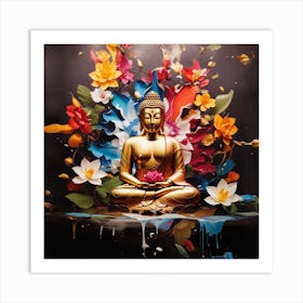 Buddha surrounded with exotic flowers Art Print