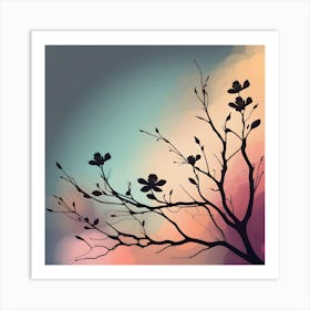 Branch With Brown Flowers And Gradient Background Art Print