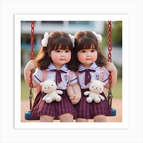 Two School Girls On Swings Art Print