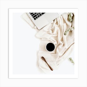 Laptop, Coffee And Flowers Art Print
