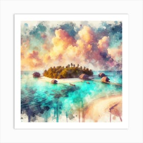 Tropical Haven, A pastel artwork showcasing a detailed view of the lush greenery on parts of the atoll, contrasted against the deep blue ocean. This artwork would look great in a study or a bedroom, where it can inspire creativity and relaxation. Art Print