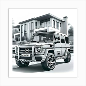 A Pencil Drawing Of A Mercedes Benz G Wagon In Front Of A Beautiful Modern Mansion 1 Art Print